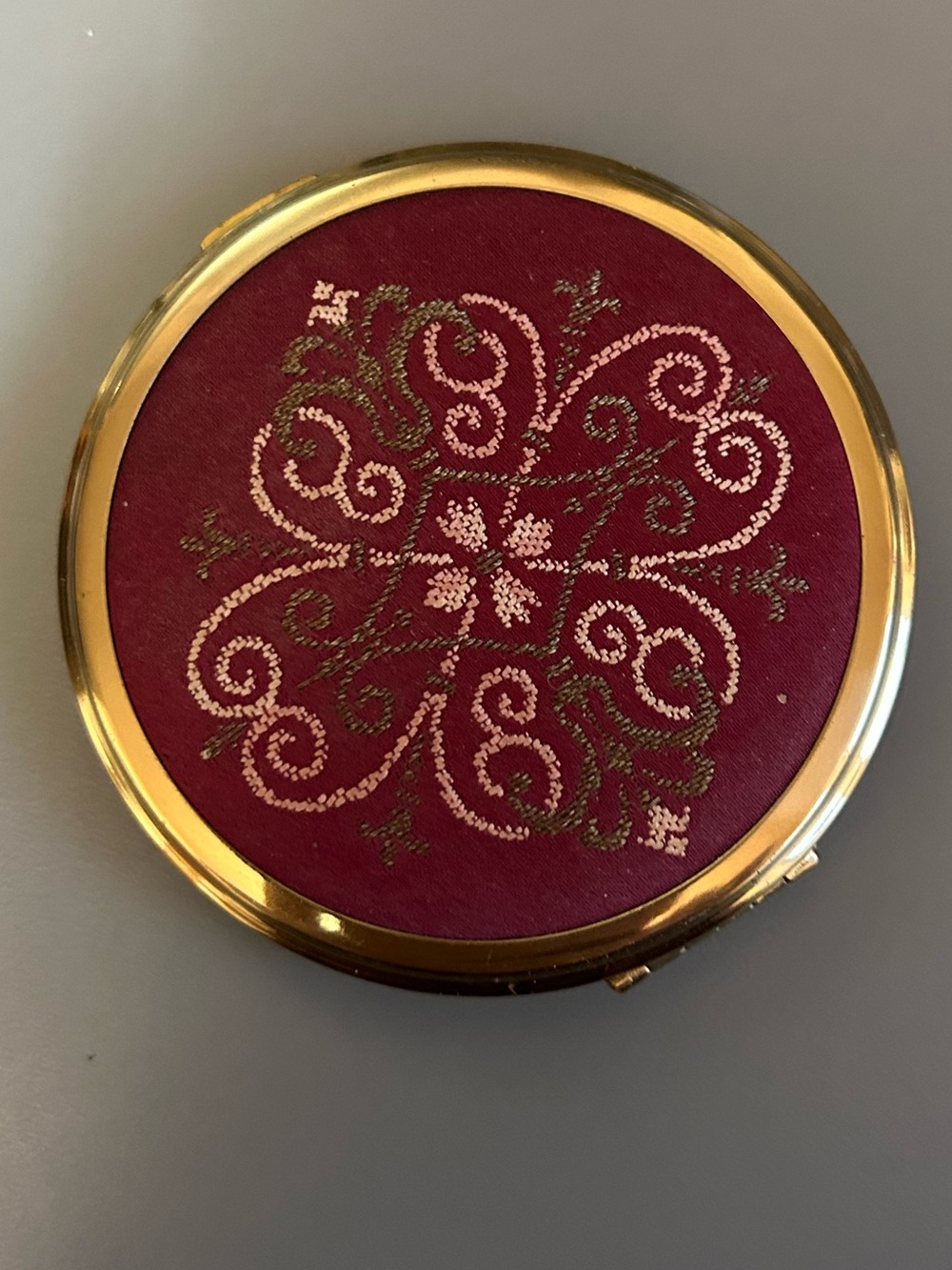 Shiseido Gold Tone Shiseido Compact with Burgundy and Pink Embroidery